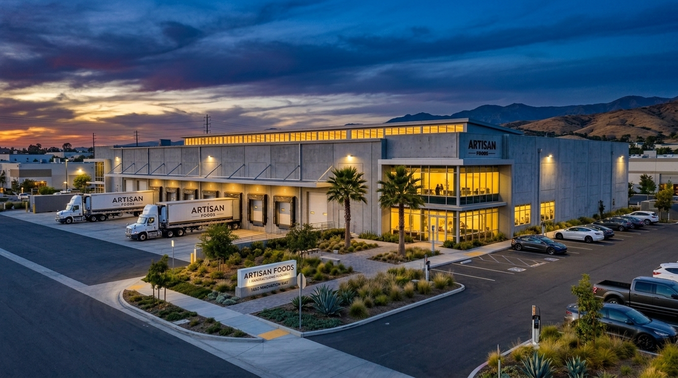 Food manufacturing facility — twilight exterior